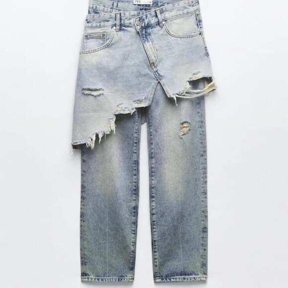 Women's Zara The Layered Denim Pant Blue Jeans Straight Leg Size 2 - Picture 5 of 12